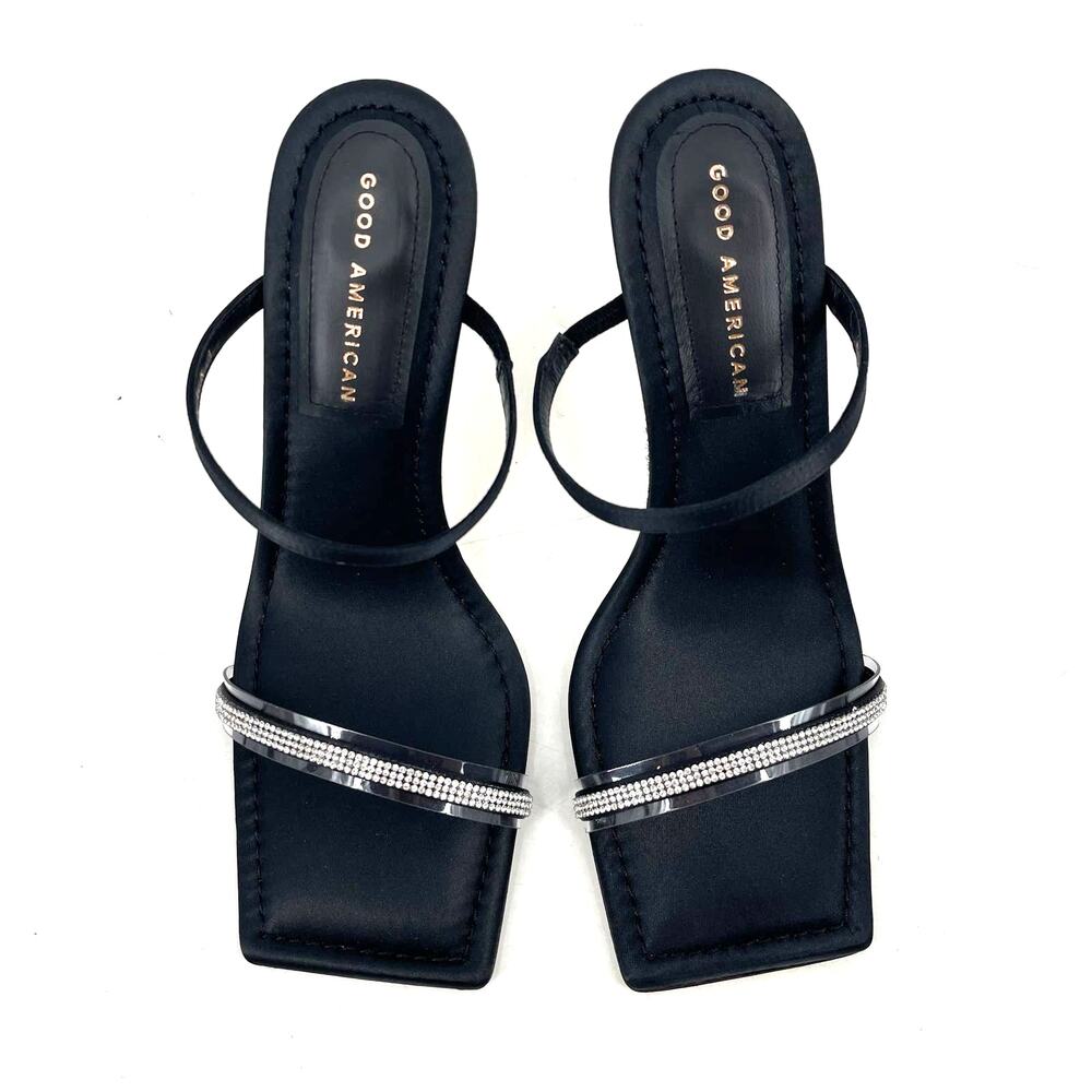 Good American Open Square Toe Rhinestone Strappy Heels Black Satin Size 9 NIB - Picture 2 of 8